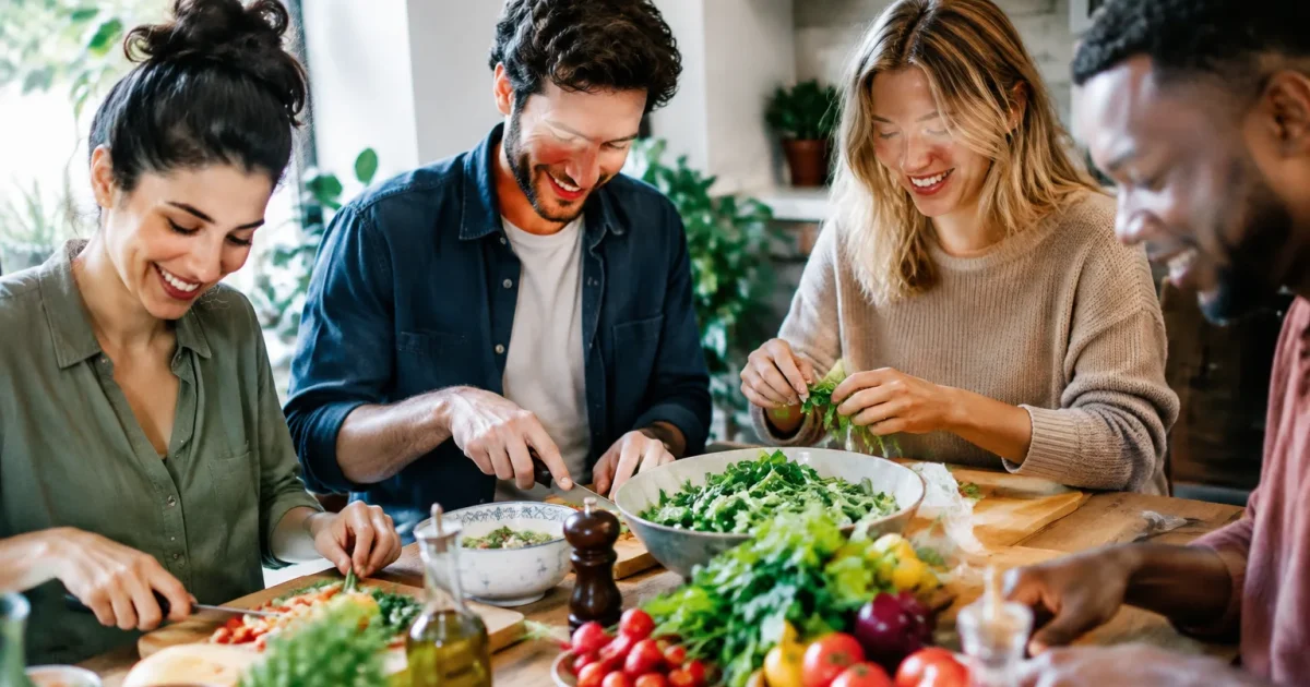 Adultes cuisinent ensemble assis a leur table