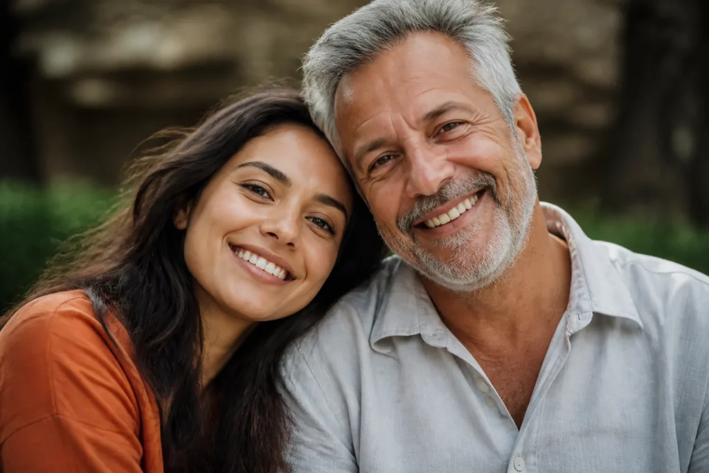 Alliances or couples ages differents souriant