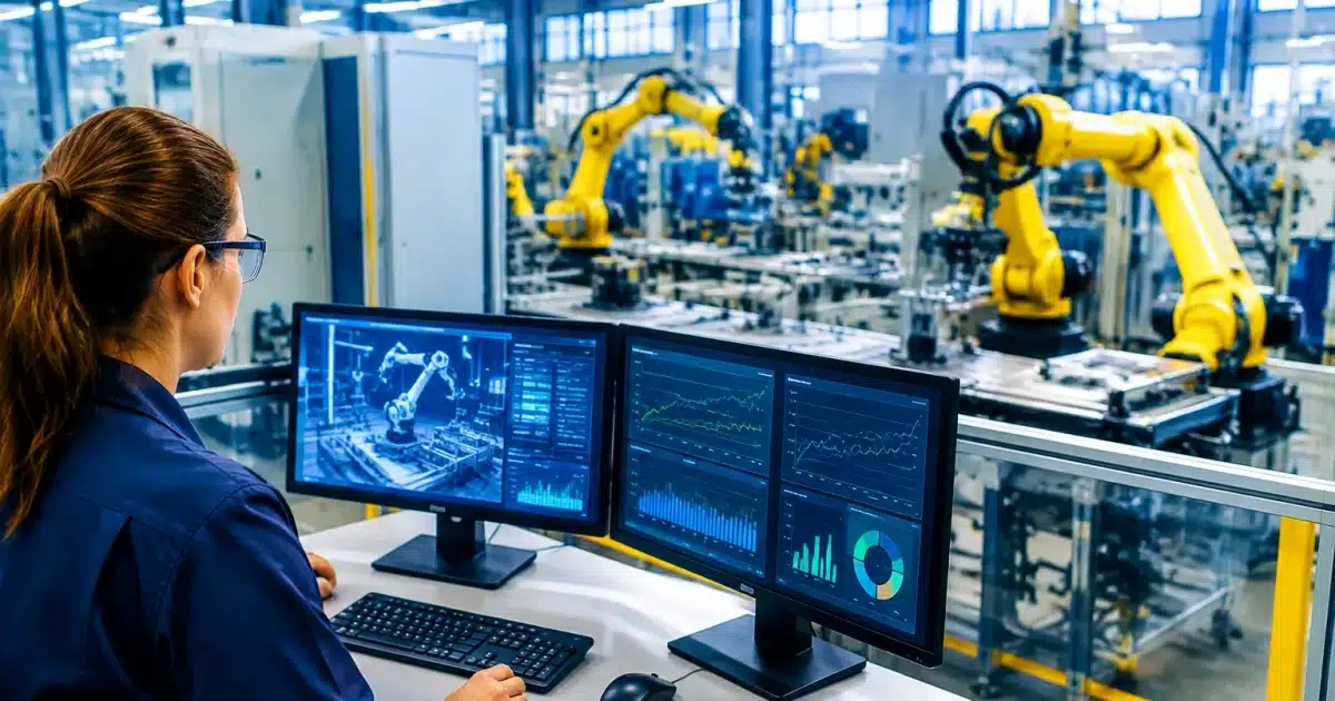 Usine moderne avec robots et ecrans affichant donnees numeriques