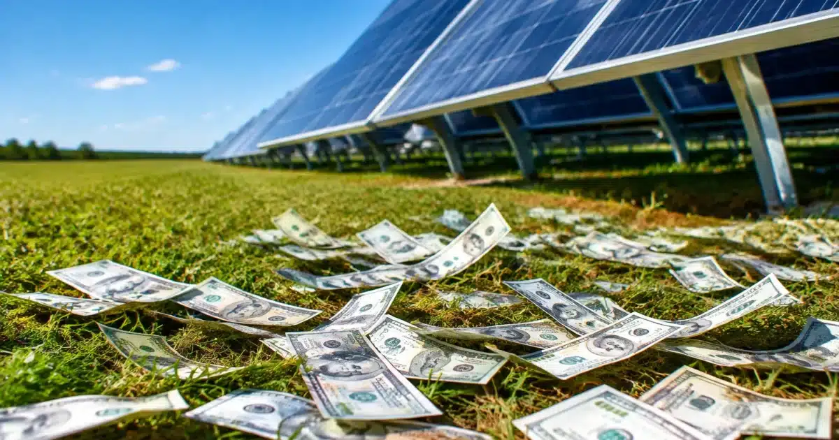Billets d'argent disperses pres de panneaux solaires inclines vers le bas