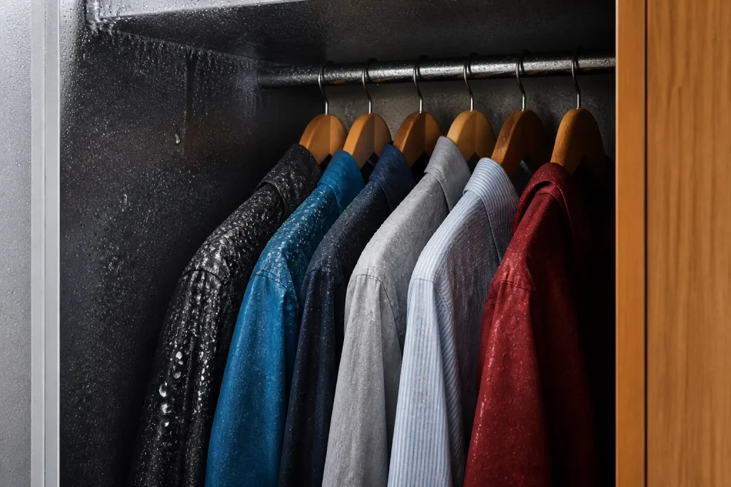 Interieur armoire humide gouttes condensation sur vetements