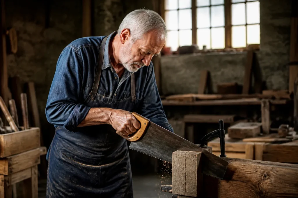 Artisan senior sciant du bois avec calme