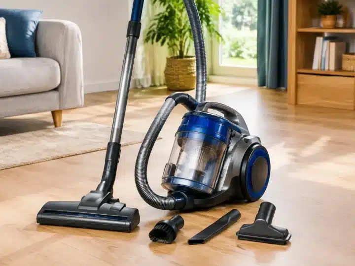 Aspirateur cyclonique debout avec accessoires rangés autour