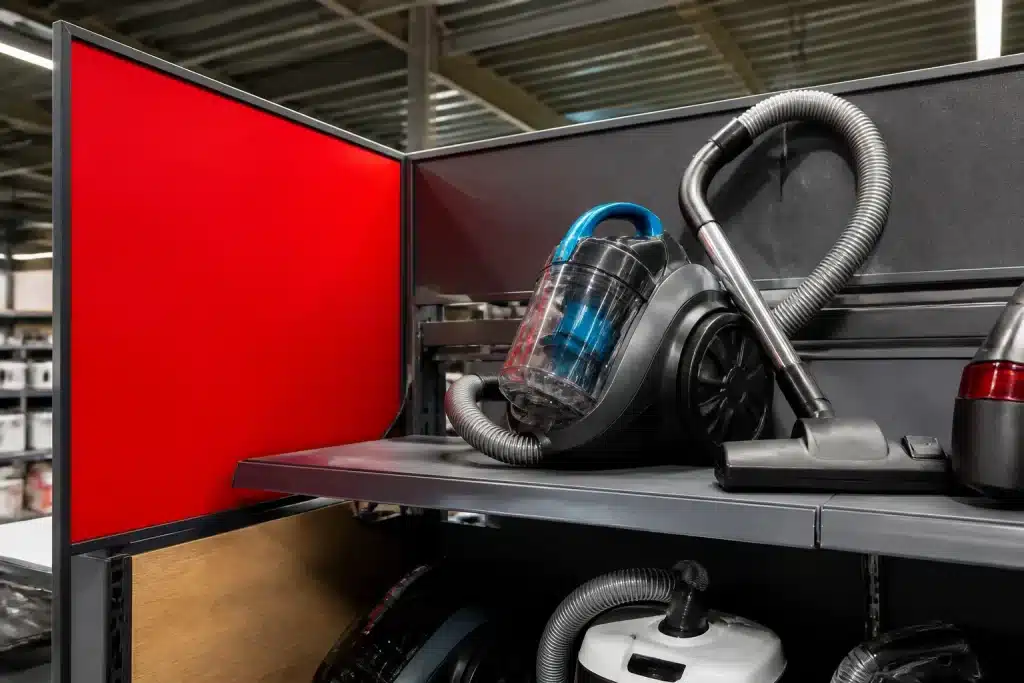 Aspirateur expose sur rayonnage Lidl avec panneau promotion soldes
