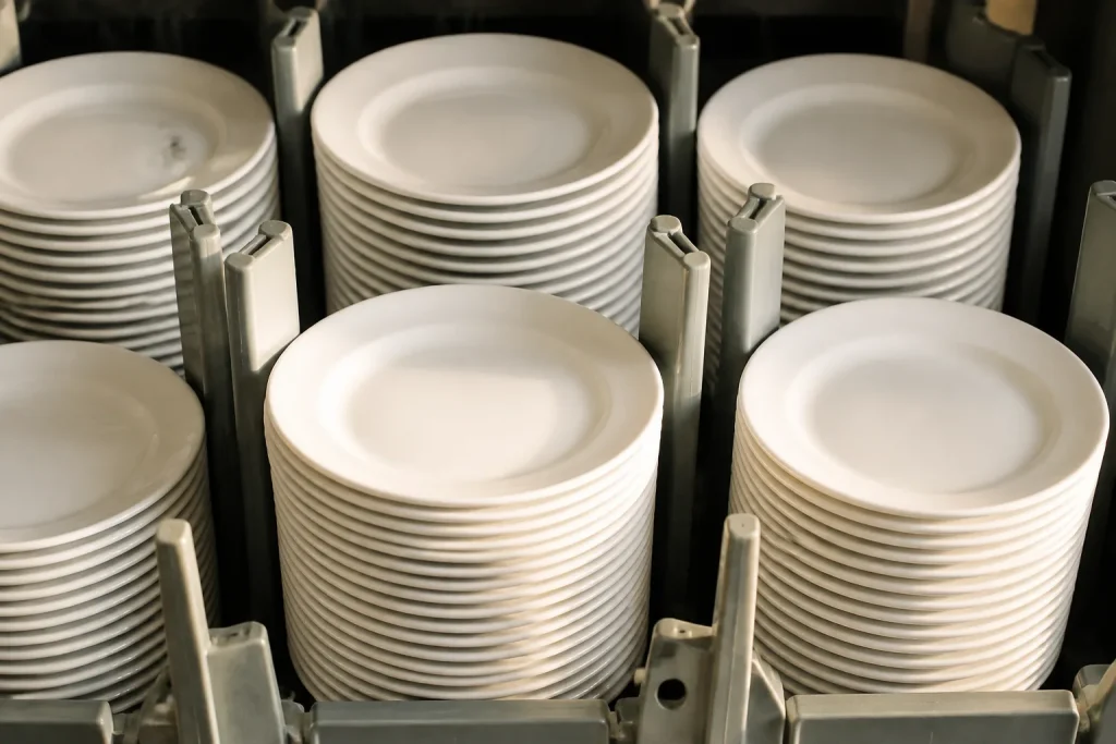 Assiettes blanches empilees dans compartiments separateurs