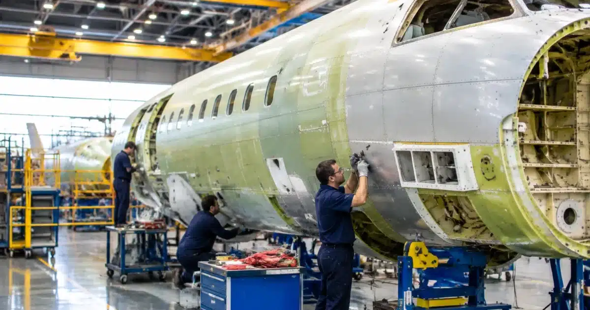 Immense atelier industriel avec ouvriers assemblant fuselage avion au sol