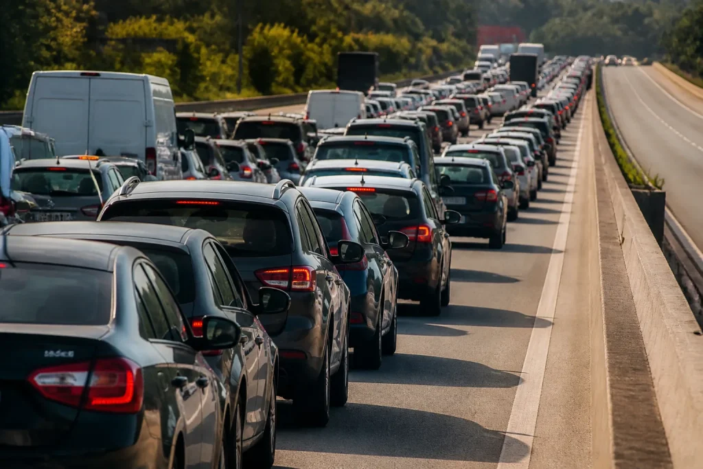 Autoroute saturee avec files de voitures immobiles