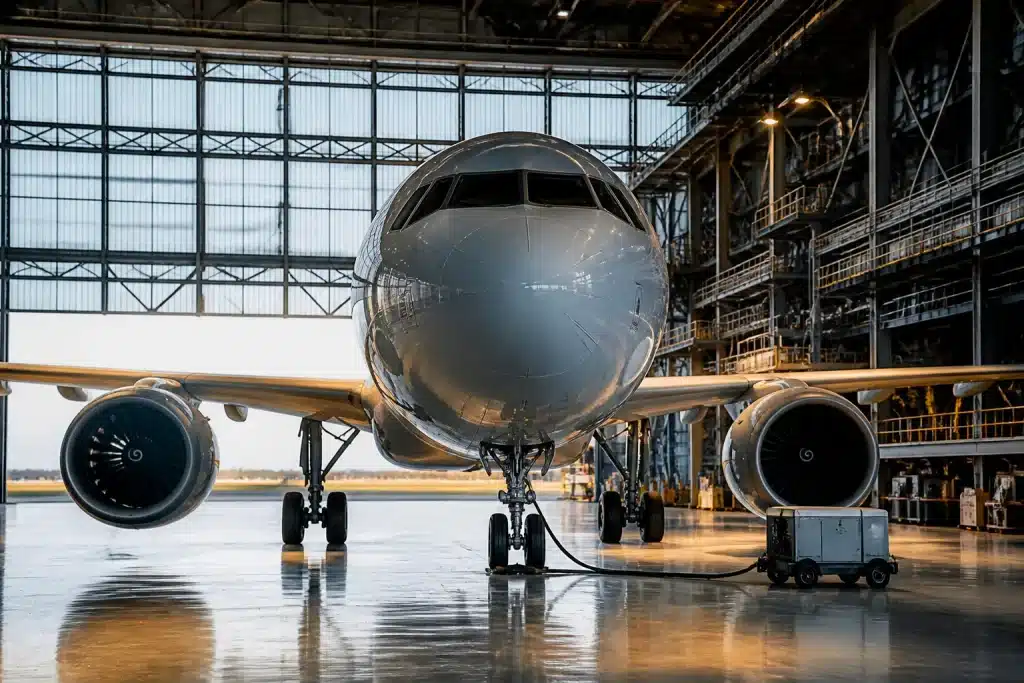 Avion en phase de test au sol dans hangar industriel