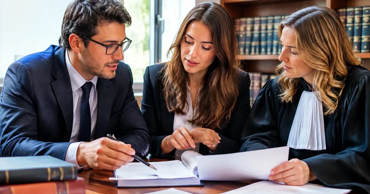 Avocats et etudiants assis discutent de documents juridiques