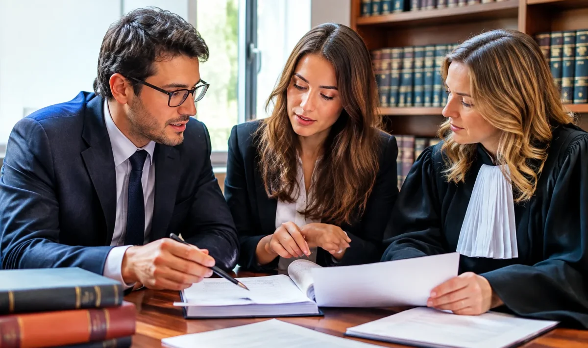 Avocats et etudiants assis discutent de documents juridiques