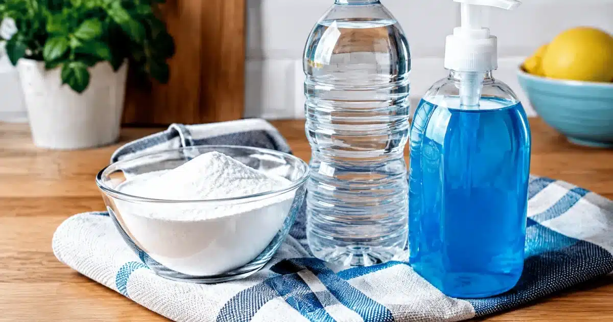 Bicarbonate blanc, bouteille eau et savon liquide posés sur torchons de cuisine