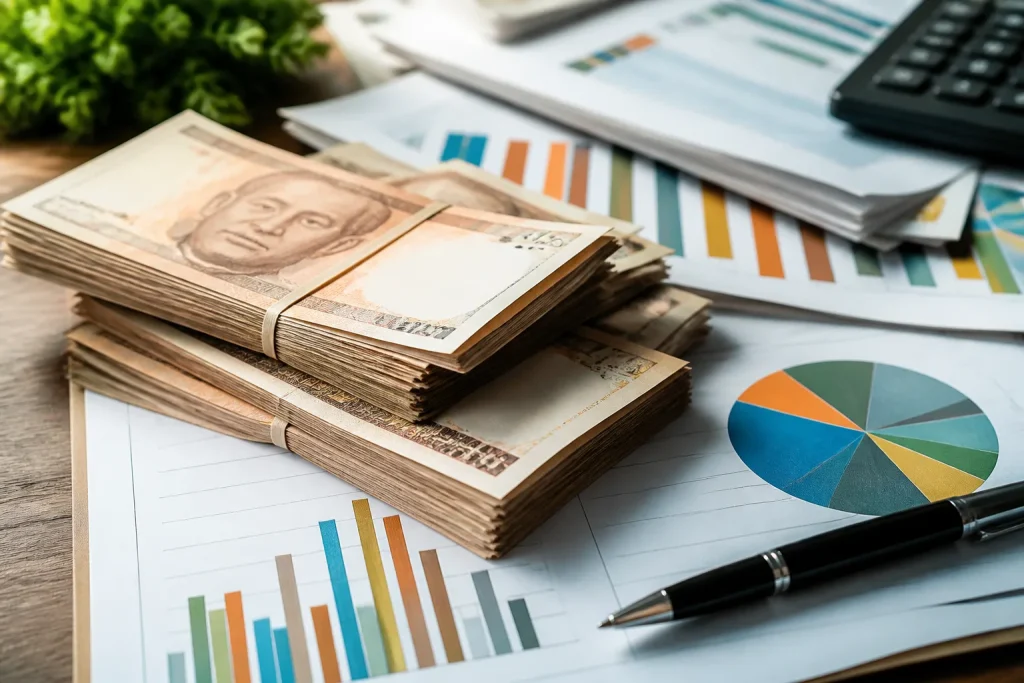 Billets, documents d'investissements et graphiques de croissance continue