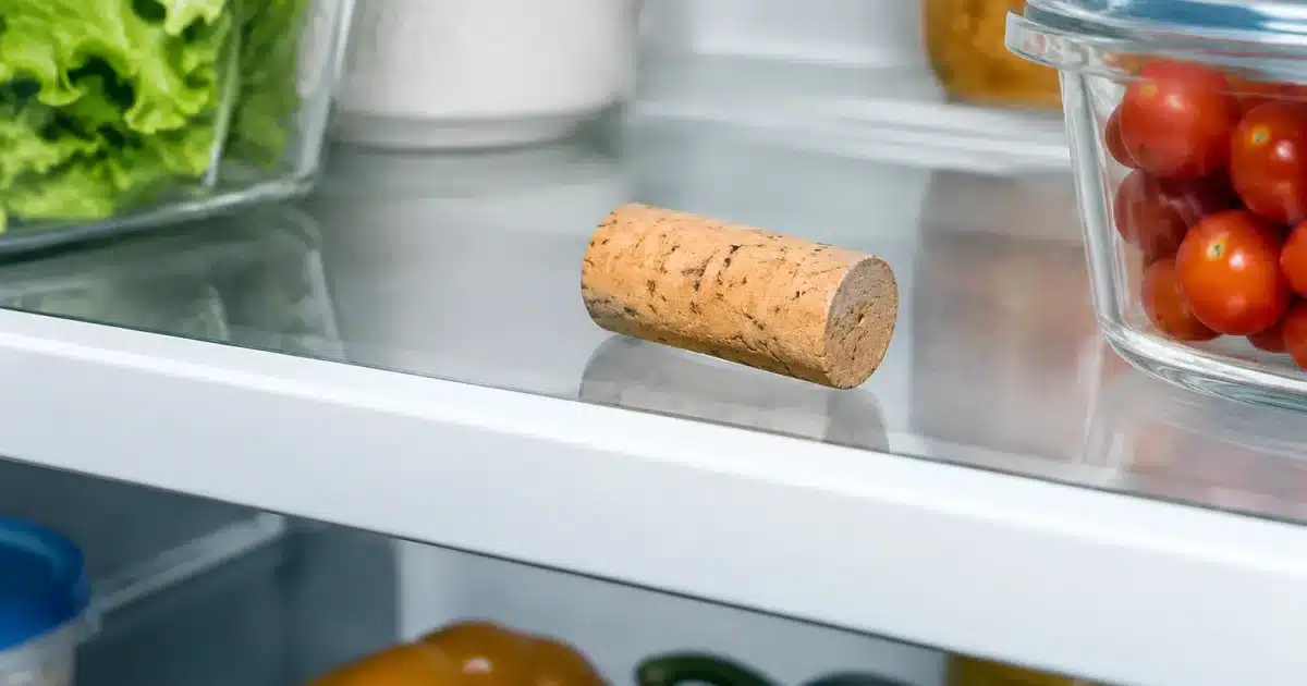 Bouchon liège posé horizontalement sur etagere refrigerateur ouvert