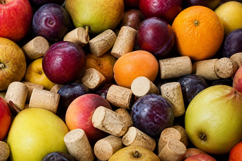 Bouchons liege naturel disposes entre les fruits murs