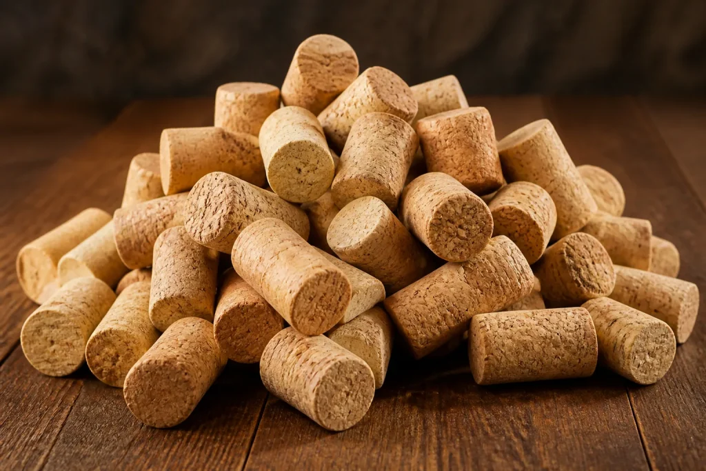 Bouchons liege naturels empiles sur table de bois