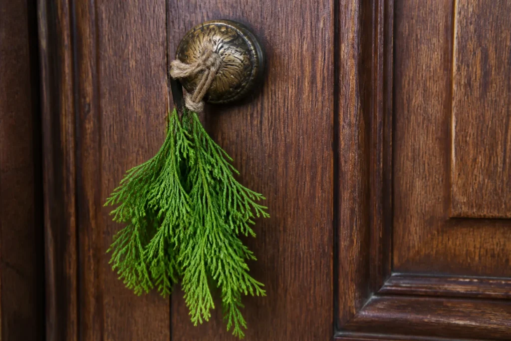 Branche verte attachee au pommeau avec ficelle