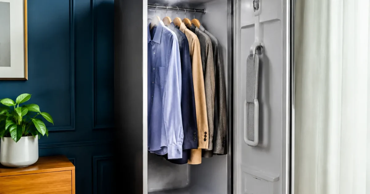 Cabinet vapeur avec vetements suspendus sur barre