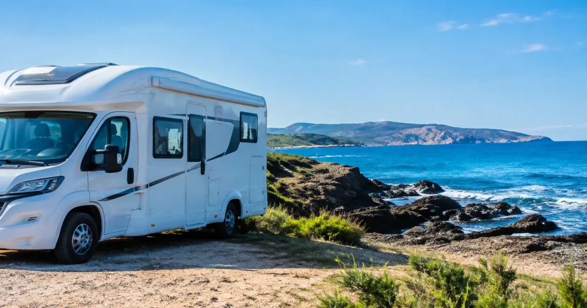 Camping-car stationne bord mer sous soleil