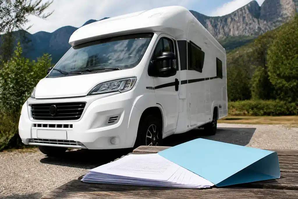 Camping-car blanc stationnaire avec documents garantie visibles