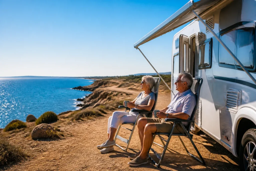 Couple retraites camping-car cote ensoleille chaud