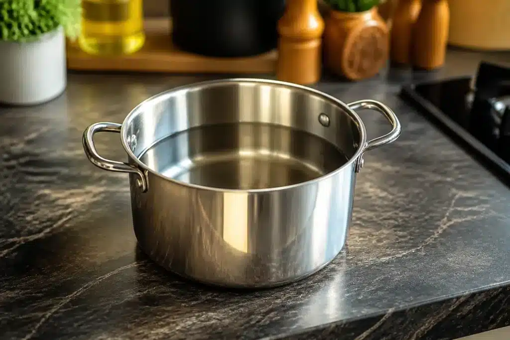 Casserole moyenne remplie d'eau sur comptoir cuisine
