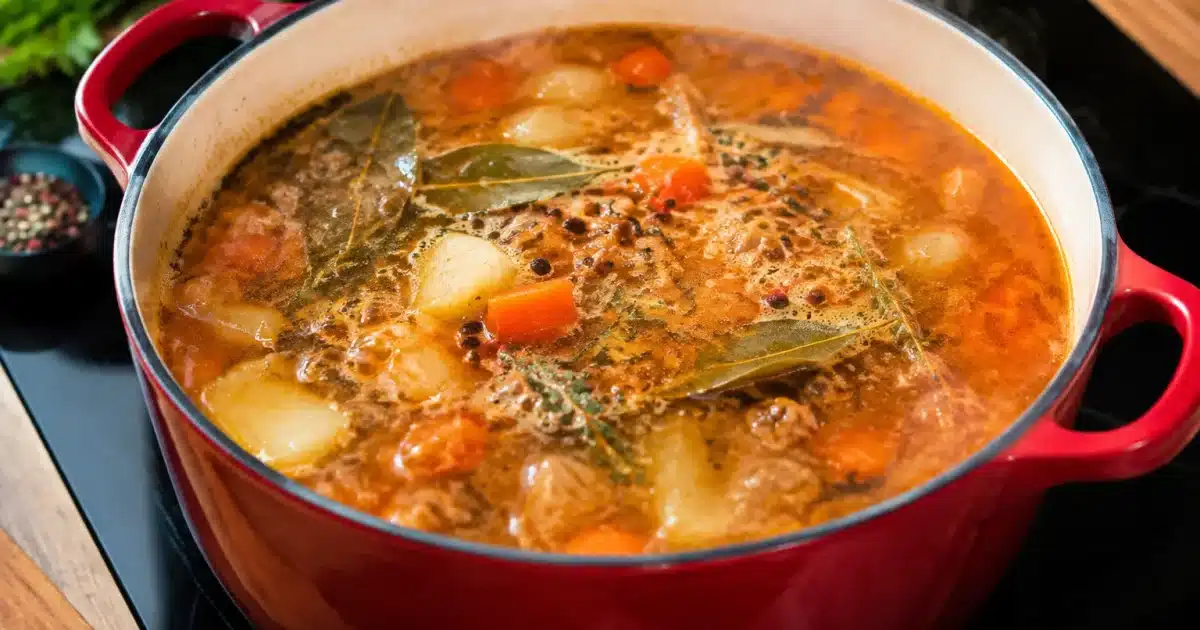 Casserole fumante sur plaque chauffante avec epices flottantes dedans