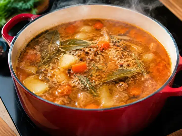 Casserole fumante sur plaque chauffante avec epices flottantes dedans