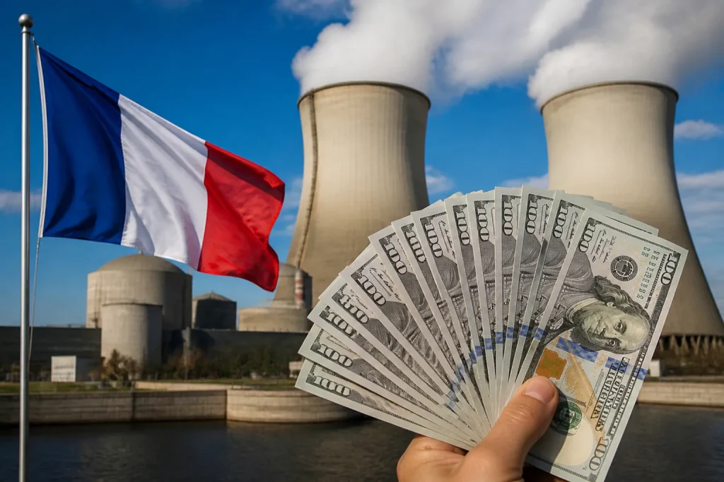 Centrale atomique avec drapeau tricolore et dollars americains