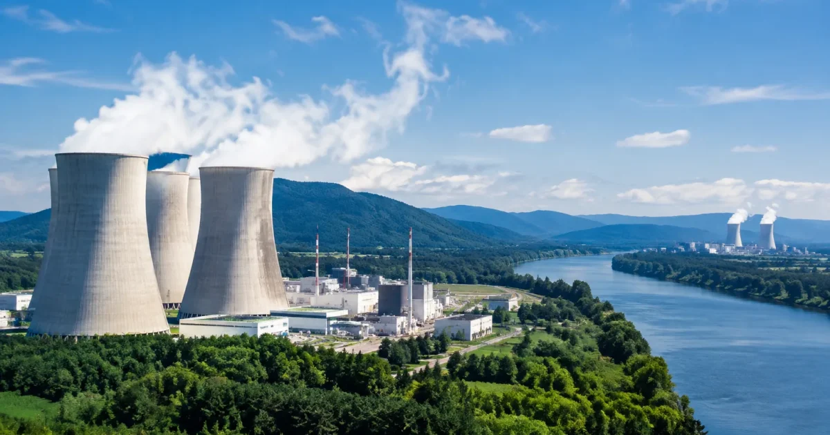 Centrale nucleaire slovaque au premier plan surplombant francaise
