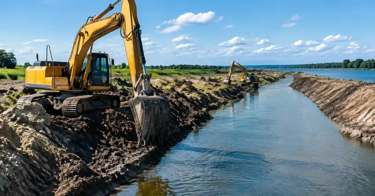 Chantier fluvial avec excavateurs creusant canal reliant fleuve vers nord