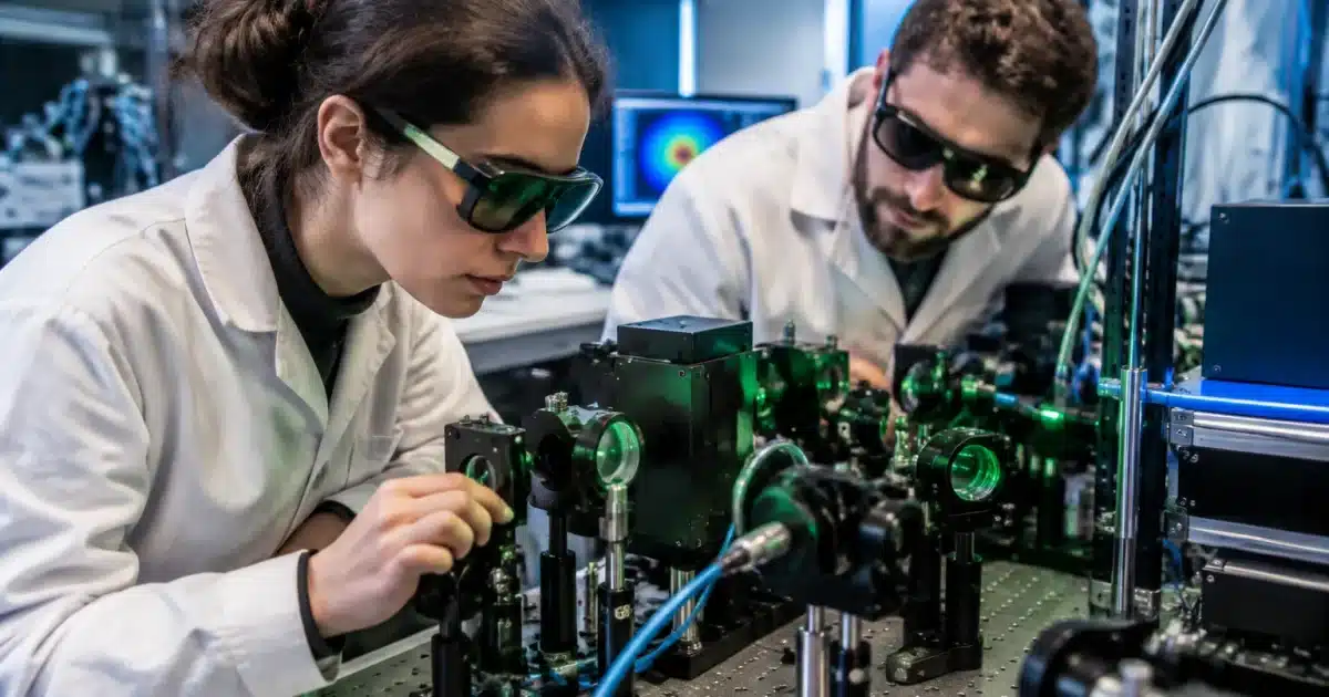 Chercheurs manipulant equipment laboratoire son quantique stabilise