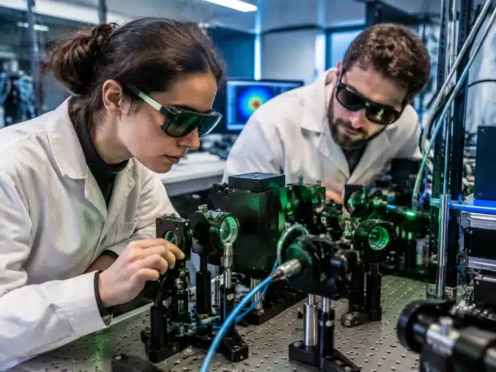 Chercheurs manipulant equipment laboratoire son quantique stabilise