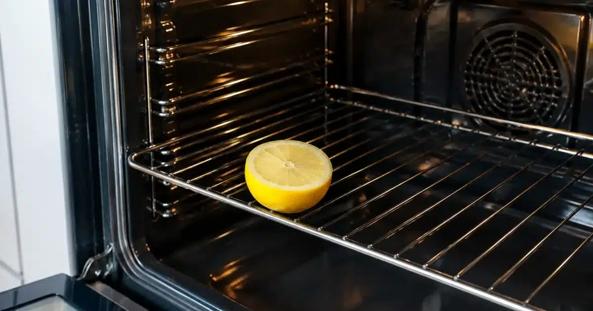 Moitie citron posee sur grille four ouvert vide avant nettoyage