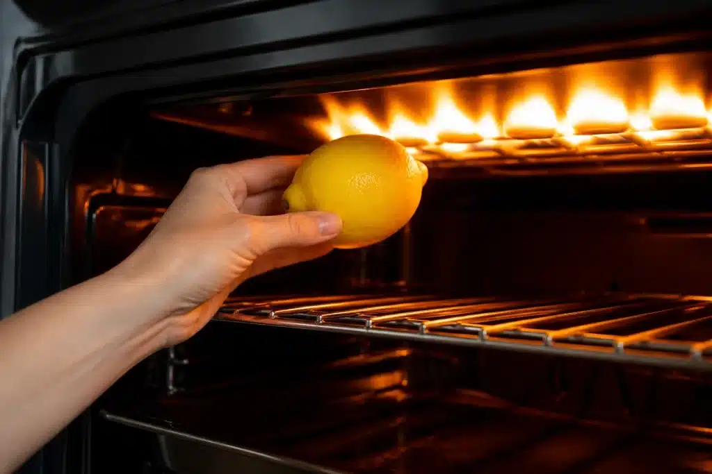 Main plaçant citron près flamme four trop chaud