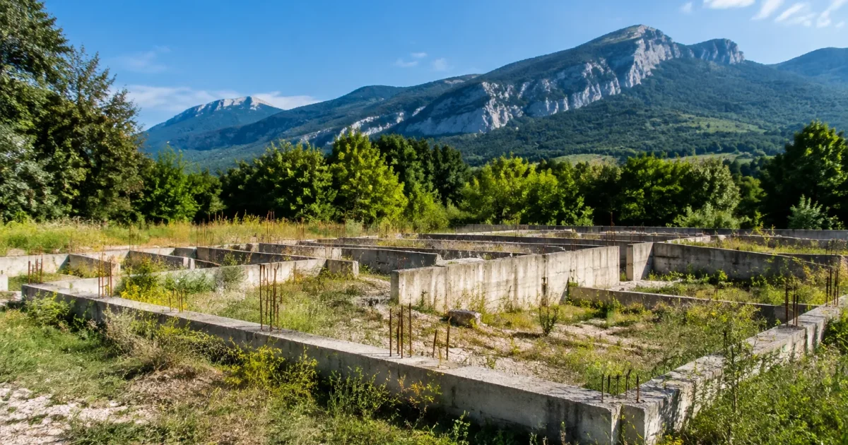 Terrain vague montrant fondations abandonnées projet immobilier isérois
