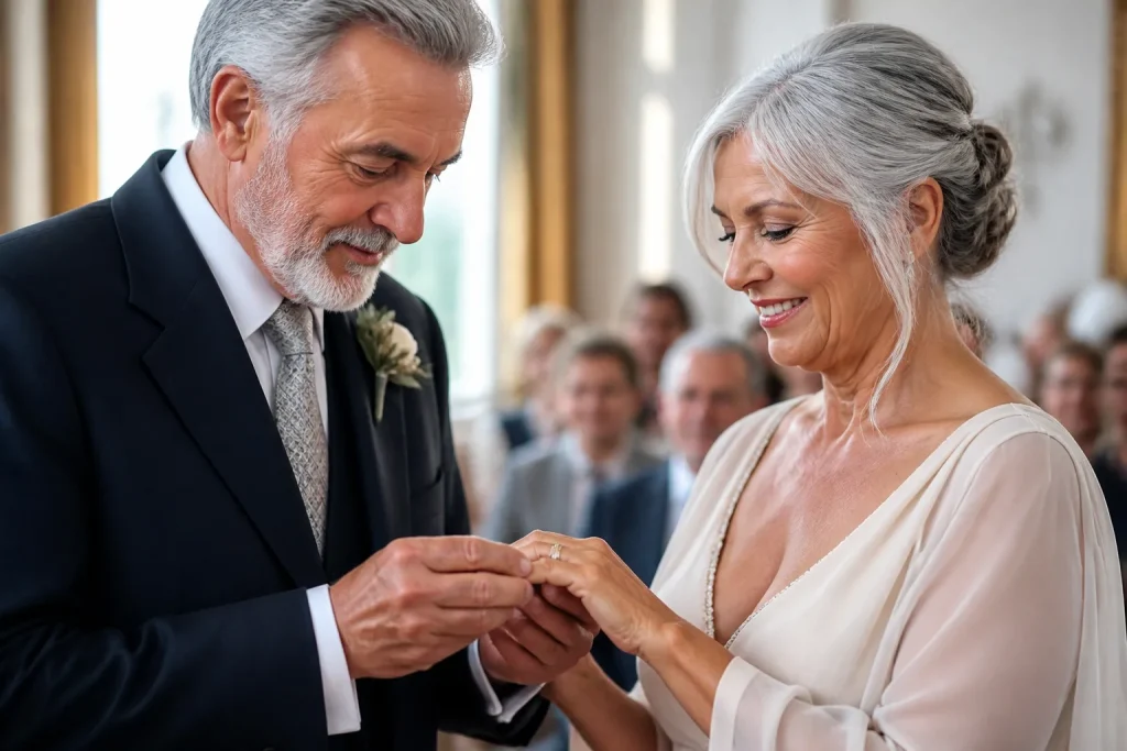 Couple aux cheveux gris echangeant bagues ceremonie