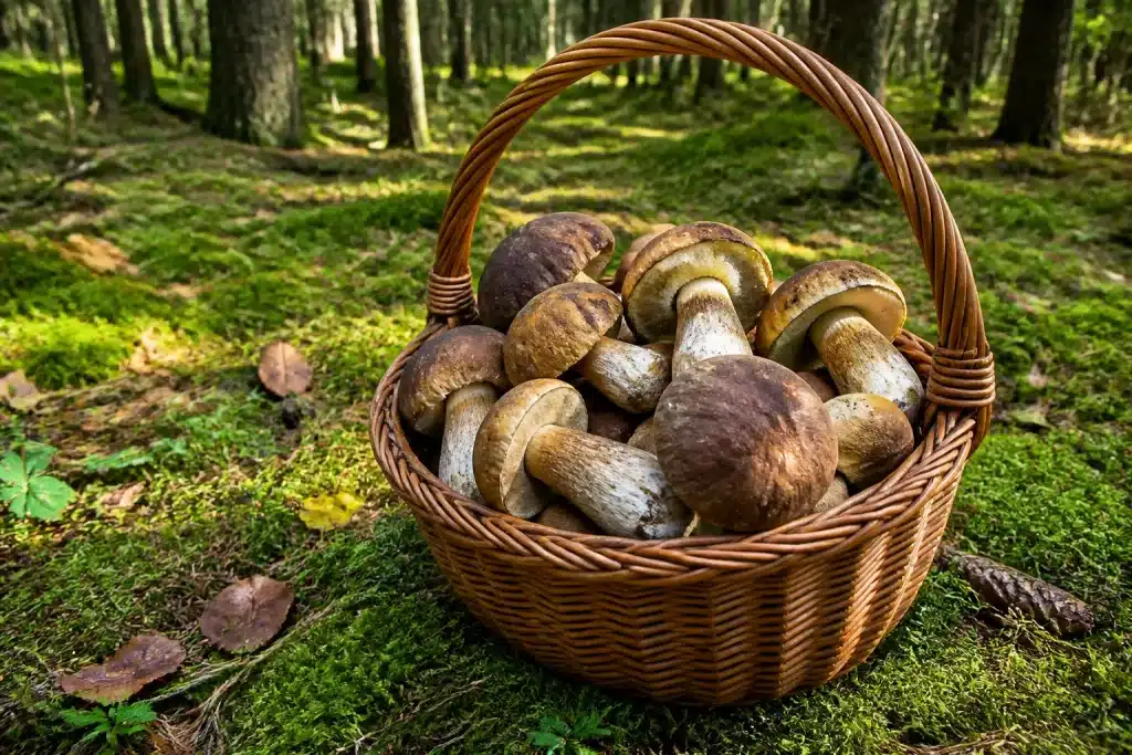 Panier en osier rempli de champignons frais en forêt