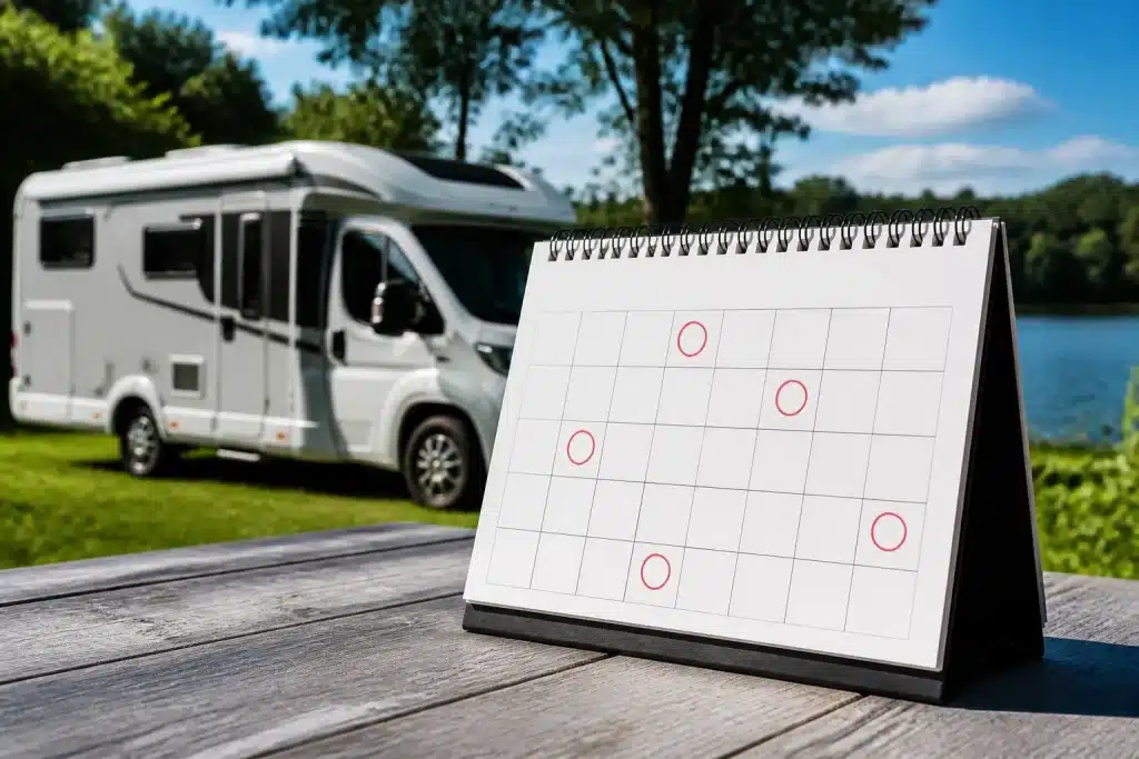 Calendrier avec dates encerclees et camping-car en arriere-plan