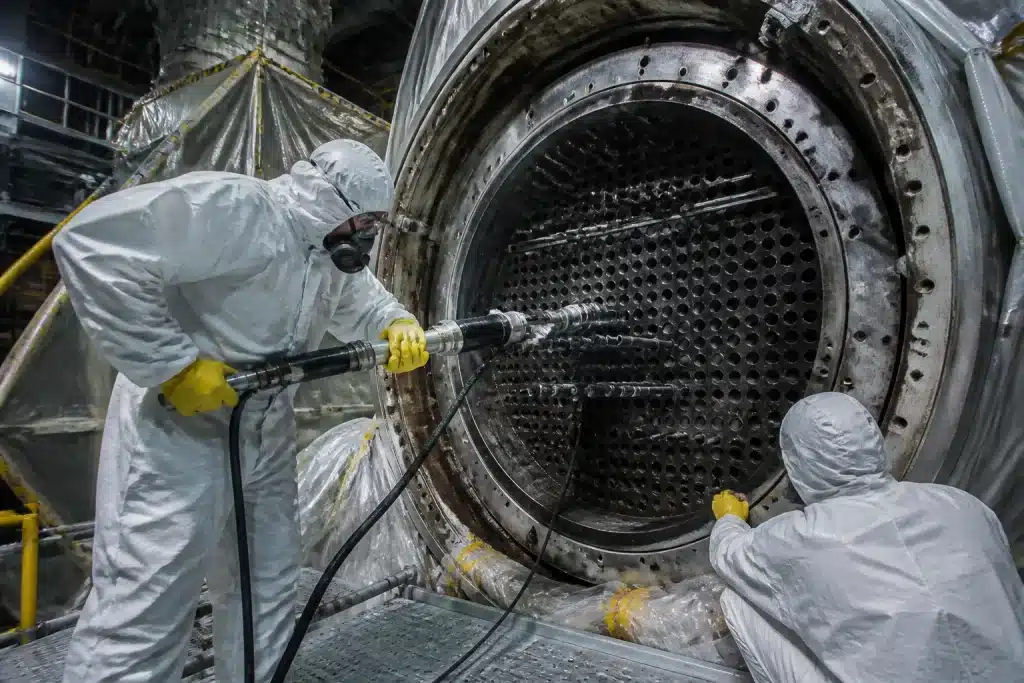 Ouvriers démantèlent réacteur nucléaire abandonné avec équipement spécialisé