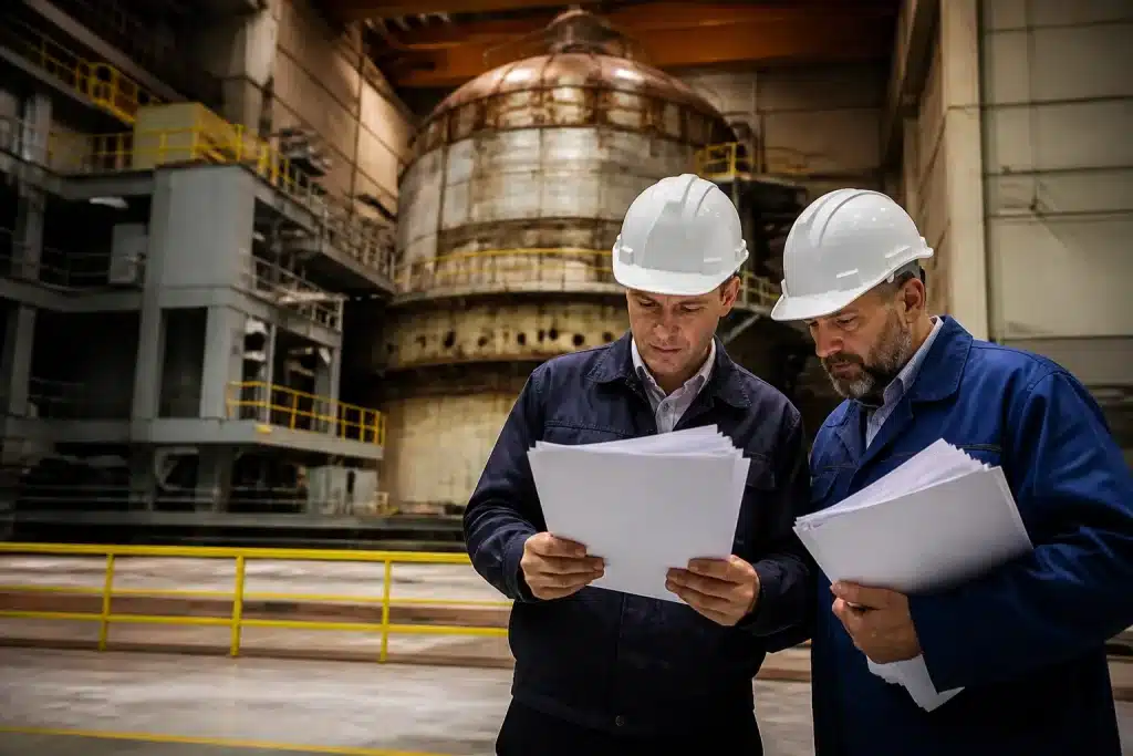Ouvriers inspectant installations nucleaires desactivees avec documents financiers
