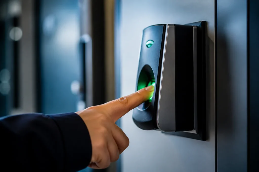Doigt posant empreinte sur lecteur biometrique