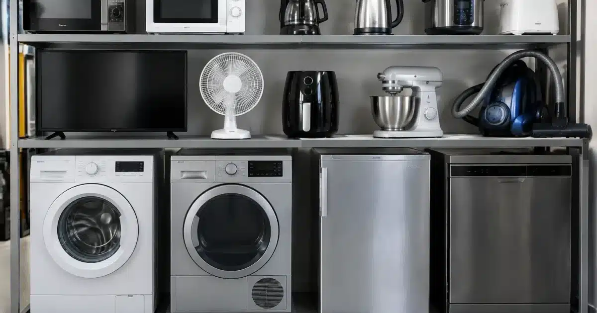 Electromenagers repares alignes sur etagere grise bien organisee