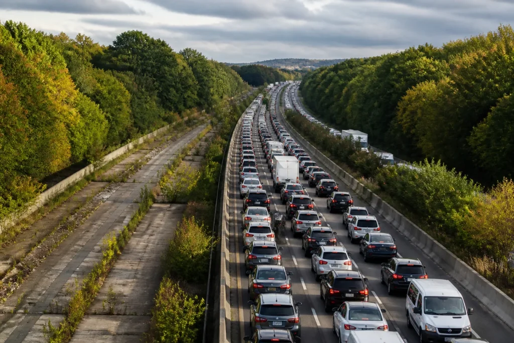 Embouteillages denses sur autoroute avec anciens axes routiers