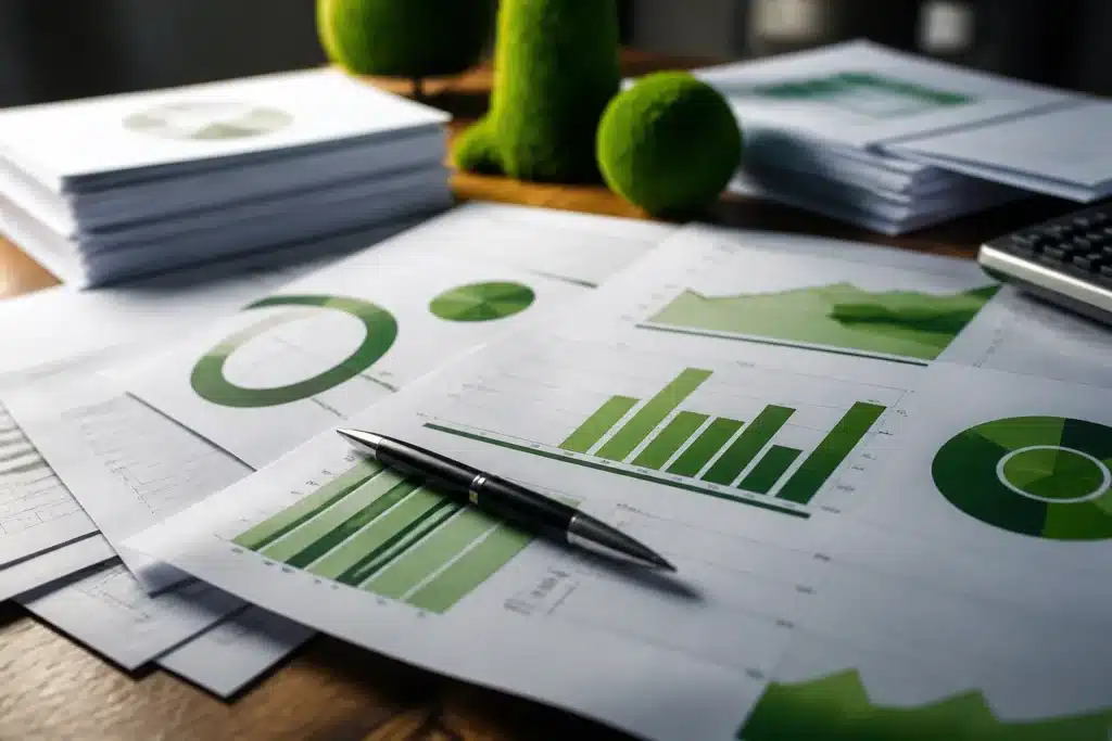 Documents bancaires et graphiques montrant promesses environnementales vagues