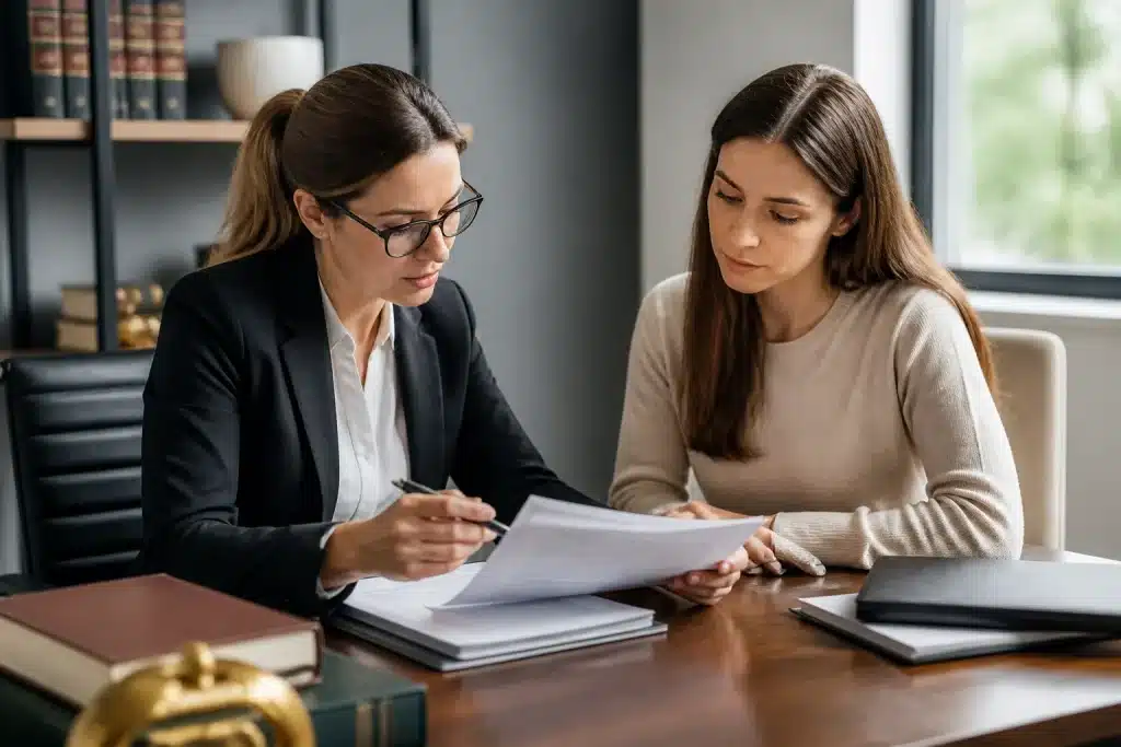 Femme enseignante consultant documents légaux avec avocat en bureau