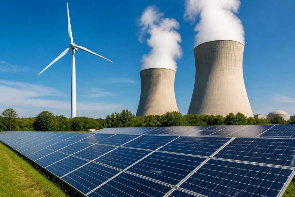 Eolienne blanche et panneaux solaires pres de tours nucleaires