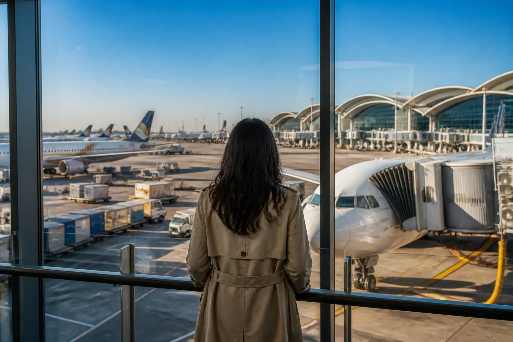 Panneau aeroport avec avions et terminaux modernes