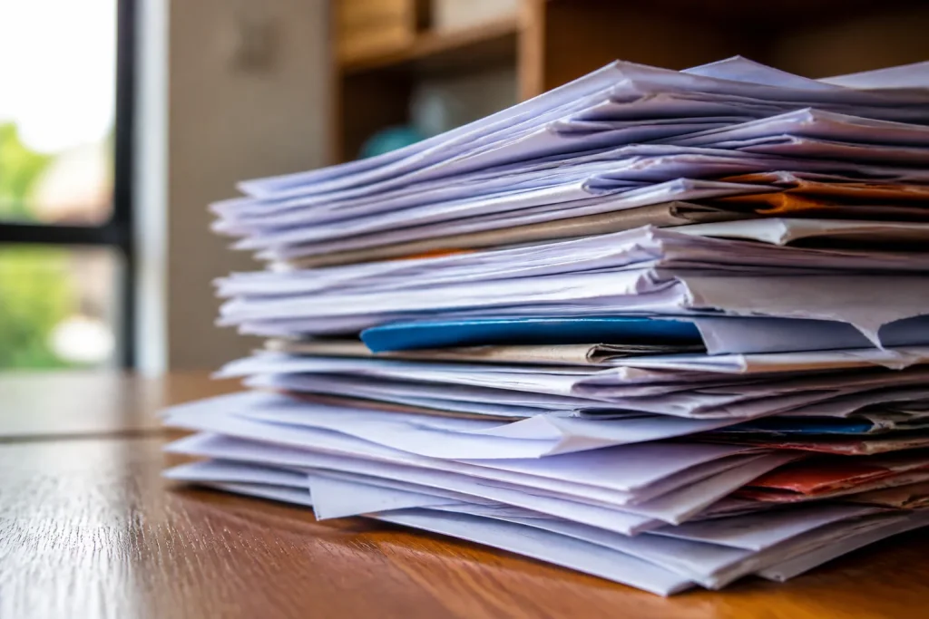 Factures et quittances empilees exposant le poids financier
