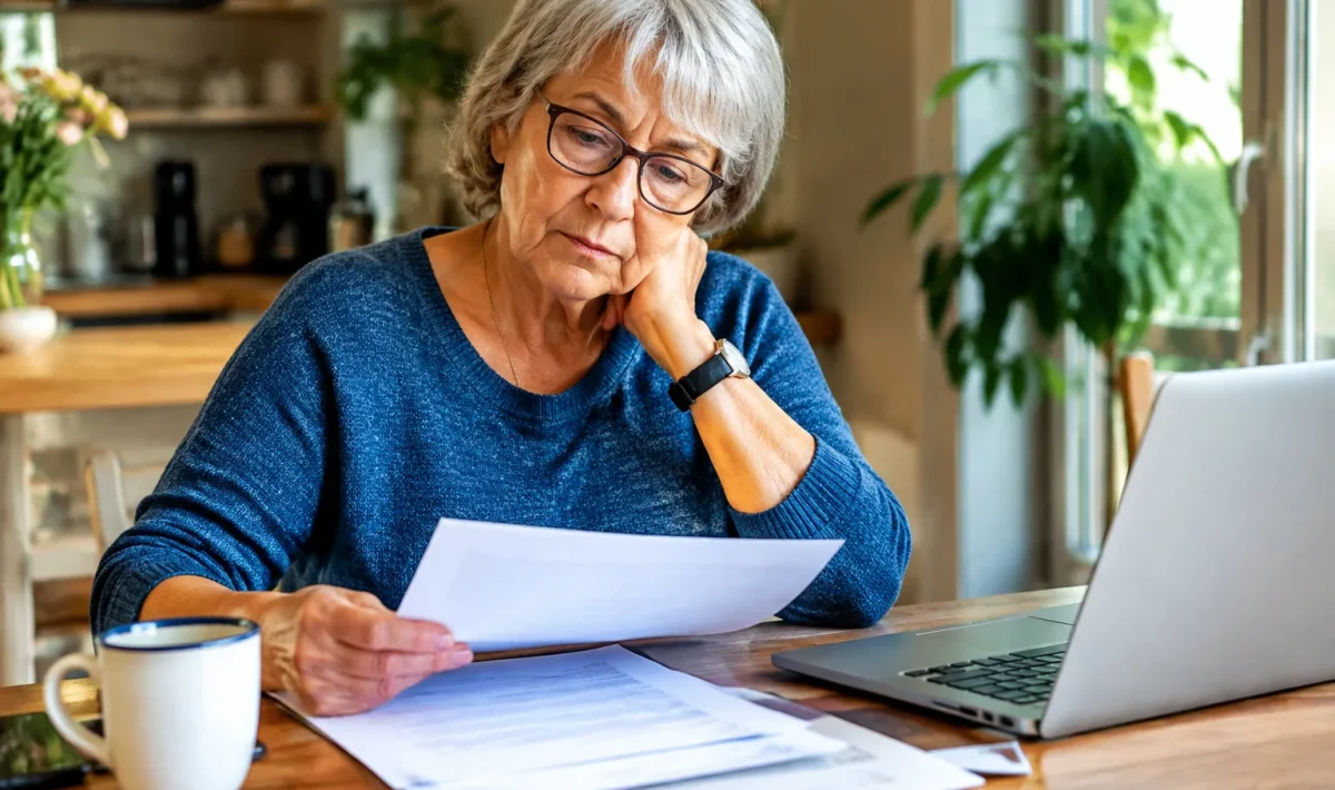 Femme agee assise examinant documents pension sur table
