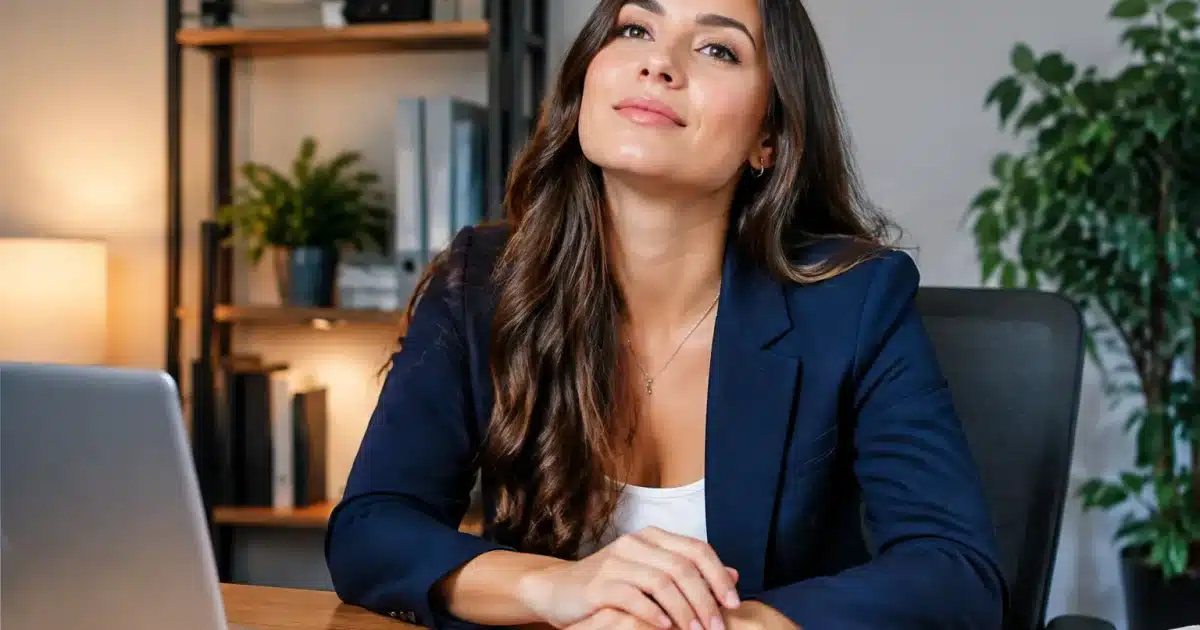 Femme assise à bureau relevant la tête vers l'avant